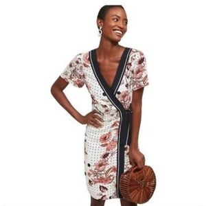 Anthropologie White Floral Wrap Dress with Black Trim